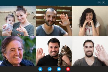 Laptop webcam screen view multiethnic families contacting distantly by videoconference. Living abroad four diverse friends making video call enjoy communication, virtual interaction modern app concept