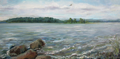 Volga river in a sunny day, oil painting