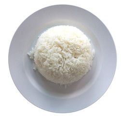 white rice in dish on wood table, steamed rice, cooked rice-ready to eat , Asian food, Thai cuisine