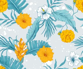 Wall murals Hibiscus Seamless pattern with tropical flowers and leaves