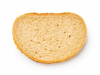 Piece of bread isolated on white background. Top view of bread slice.