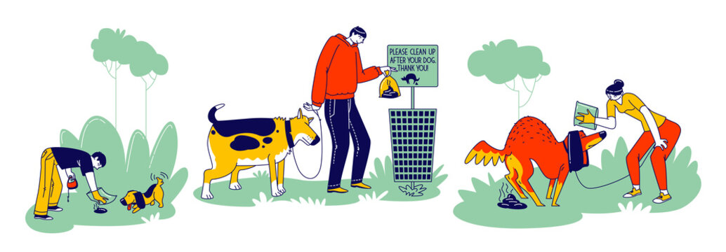 Dog Owners Clean Up Feces After Pets on Street. Men or Women Characters Using Polyethylene Package to Pick Up Excrements and Throw to Litter Bin, Responsibility. Linear People Vector Illustration