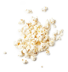 Heap of salted popcorn, isolated on white background. Top view.