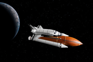 Space shuttle orbiting in  a space over the earth planet and starry background. Elements of this...