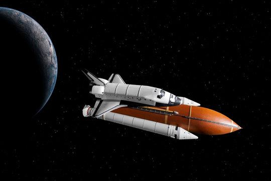 Space shuttle orbiting in  a space over the earth planet and starry background. Elements of this image furnished by NASA.
