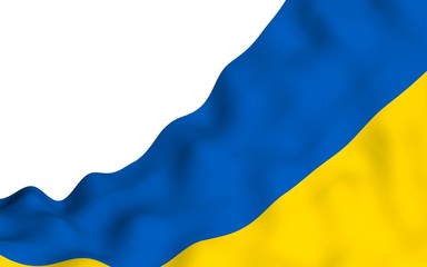 The flag of Ukraine on a white background. National flag and state ensign. Blue and yellow bicolour. 3D illustration waving flag