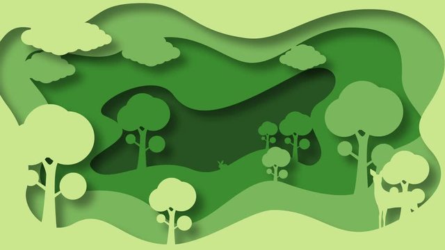 Green forest paper craft silhouette style with deers and trees animation