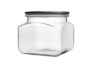 Empty transparent glass jar isolated on white