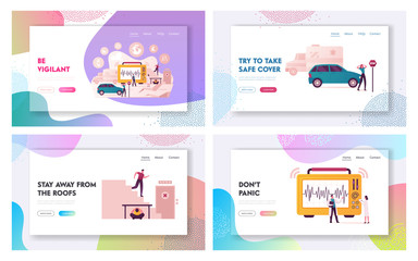 Earthquake Landing Page Template Set. Characters Evacuate from Crashing Building, Hiding under Table, Scientists Learn Richter Scale Seismic Activity, Car on Street. Cartoon People Vector Illustration