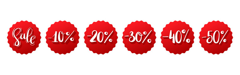 Sale banners in red round frame. Sale in percentage. Hand drawn calligraphy text.