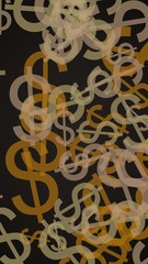 Multicolored translucent dollar signs on dark background. Orange tones. 3D illustration