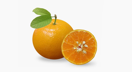 Isolated oranges. Group of fresh orange fruits with leaves on white background, with clipping path