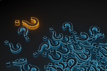 Glowing question marks with dark background, 3d rendering.