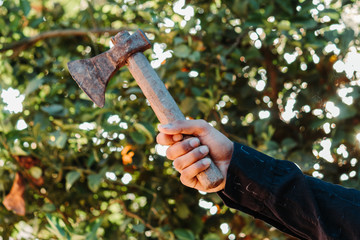 Closeup shot of hand holding an axe in forest