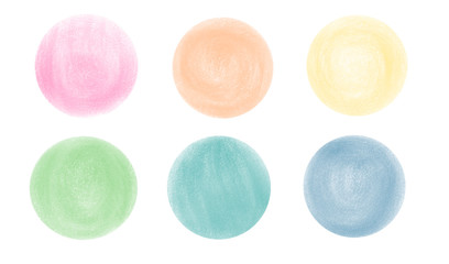 Set of colored circles. Illustration with colored chalk. Hand-drawn bright strokes on white background. For banner, sticker, and poster.