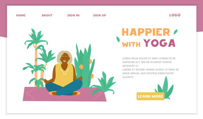 Yoga for seniors vector  website template. Smiling afro american old lady meditating on yoga mat surrounded with plants. Flat design.