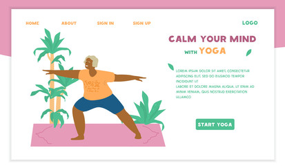 Yoga for seniors vector website template.Smiling african american old lady in warrior pose practicing on yoga mat surrounded with plants. Motivational banner for seniors. Flat design.