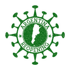 Argentina Reopening Stamp. Green round badge of country with map of Argentina. Country opening after lockdown. Vector illustration.