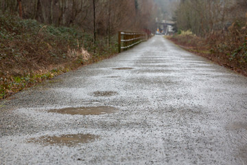 Puddle on a gravel trail during a rainstorm, with space for text