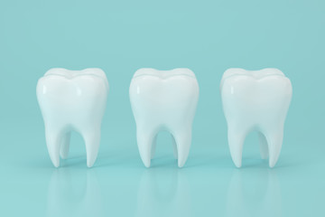 White tooth with blue background, 3d rendering.