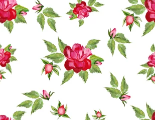 Fotobehang Watercolor illustration of a rose with leaves and buds. Seamless . For cards, pattern on fabric. © Любовь Анохина