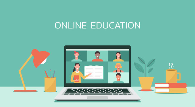 E-learning, online education, online course concept, home school, woman teacher teaching students on laptop computer screen, distance learning, new normal, vector flat illustration