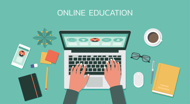online education, e-learning, online course concept, home school, human hand using laptop computer on top view, distance learning, new normal, vector flat illustration