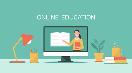 E-learning, online education, online course concept, home school, woman teacher teaching on laptop computer screen, distance learning, new normal, vector flat illustration