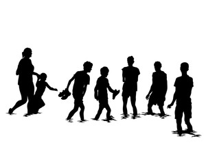 Young men and women on vacation at sea. Isolated silhouettes on a white background