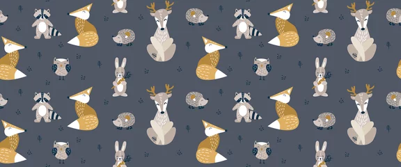 Wall murals Little deer Seamless pattern with cute woodland animals on dark background. Vector illustration.