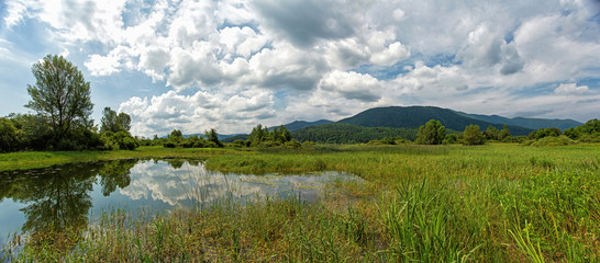 Fototapeta premium Panorama of Lake Cerknica in springtime in Inner Carniola, a region in southwestern Slovenia.