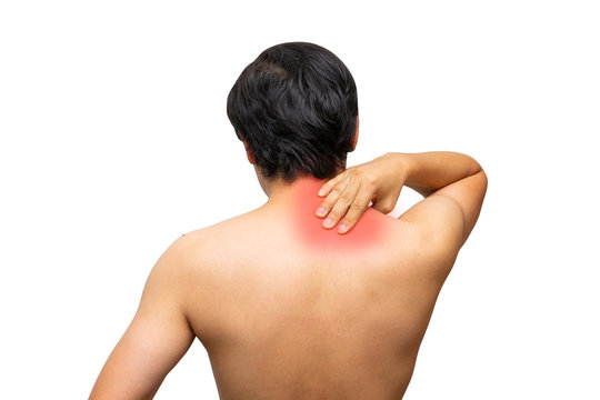 Asian men are suffering from shoulder pain isolated on white background