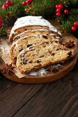 Christmas cake with spices and dried fruits, selective focus