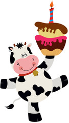 Fototapeta premium Cute cow carrying birthday cake