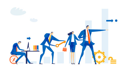Business people working together in office, analysing data,  negotiating, solving the problems, supporting a project and making progress in business. Business concept illustration.