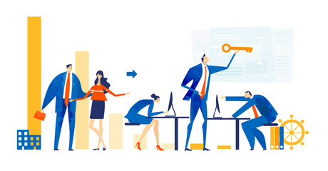 Business people working together in office, analysing data,  negotiating, solving the problems, supporting a project and making progress in business. Business concept illustration.