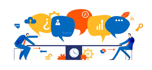 Naklejka premium Business people pulling and pushing up speech bubbles as symbol of communicating and finding solution