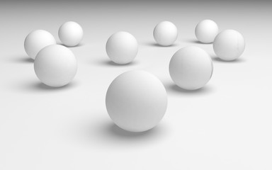 White abstract background. Set of white balls isolated on white backdrop. 3D illustration