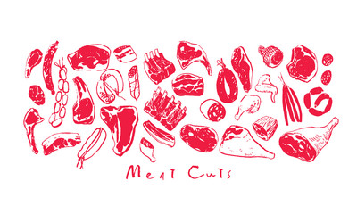 Hand drawn icons of meat cuts and sausages. Meat shop banner design
