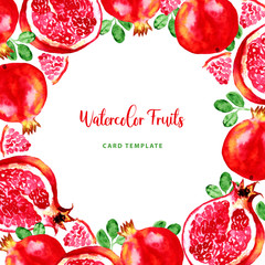 Rosh hashana card - Jewish New Year. Fruit pomegranate text frame hand drawn watercolor template. Design with botanical illustration of pomegranates. For business, posters, web and print