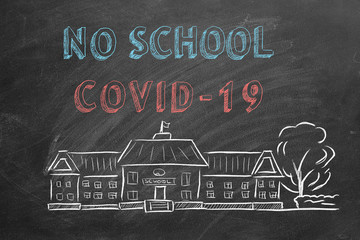 School building  and lettering No school COVID-19 on blackboard. Hand drawn sketch. Coronavirus concept.