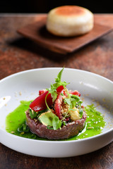 Fine dining, tuna fillet tartare with vegetables
