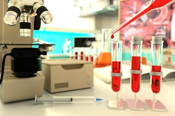 laboratory test tubes in bio study office - blood analysis for virus eg coronavirus, medical 3D illustration