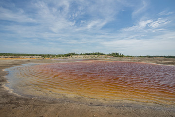 Amazing kaolin clay marsian landscape quarry open pit at summer day
