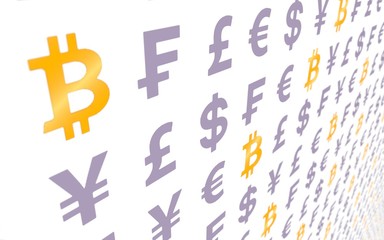 Bitcoin and currency on a white background. Digital crypto currency symbol. Wave effect, currency market fluctuations. Business concept. 3D illustration