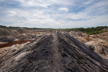 Amazing kaolin clay marsian landscape quarry open pit at summer day