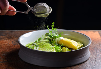 Fine dining, Ravioli stuffed with cheese and Asparagus