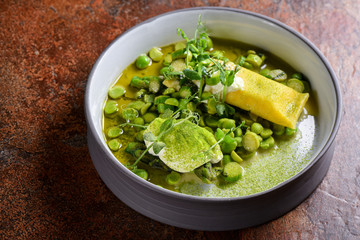 Fine dining, Ravioli stuffed with cheese and Asparagus