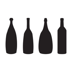 Vector black silhouette of wine bottles isolated on white background. Different shapes of wine bottles. 