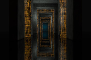 Dark tunnel with golden circuit lines, 3d rendering.
